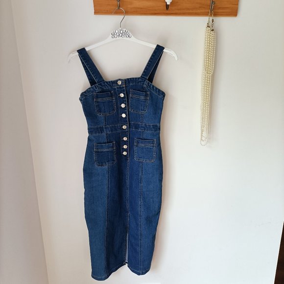 Seeker Dresses & Skirts - Seeker Denim Bodycon Dress Sz 8 S Button Jeans Pinafore Pencil Stretch Summer